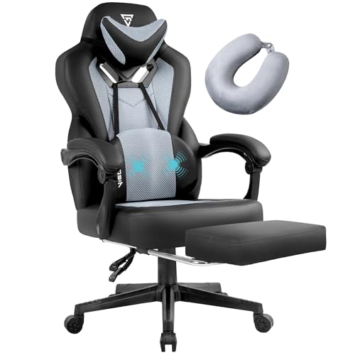 Vigosit Gaming Stuhl PRO, Gaming Sessel Bürostuhl Ergonomische für Erwachsene, Office Nap Gaming Chair Stühle schreibtischstuhl mit Sitzkissen Fußstütze, Mesh Drehstuhl Massagesessel (Hellgrau) von Vigosit