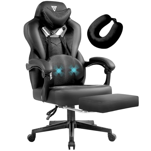 Vigosit Gaming Stuhl PRO- Gamer mit Fußstütze, Mesh PC Bürostuhl massagefunktion, Ergonomische Reclining Computer 150 kg belastbarkeit, Groß und hoch Büro Sessel (Schwarz), (JD-0301BK PRO) von Vigosit