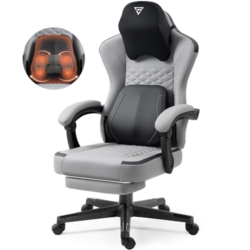 Vigosit Gaming Stuhl mit beheizter Massage Lendenwirbelstütze, Ergonomischer Gaming Computer Stuhl mit Taschenfederkissen und Fußstütze, grau von Vigosit