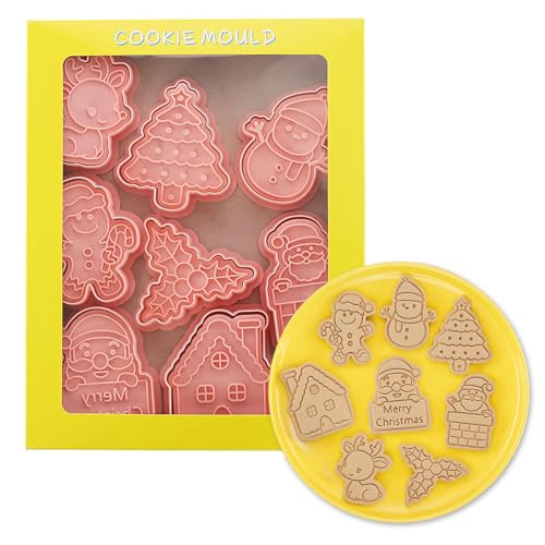 Viilich 8PCS Weihnachtsausstecher,Plätzchen Stempel Weihnachten aus Plastik,3D Plätzchenausstecher,Kinder Backen Küche Zubehör,Fondant Tortendekoration,Keks Form DIY von Viilich