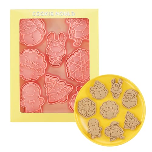 Viilich Weihnachtsausstecher, 8 PCS Plätzchen Stempel Weihnachten aus Plastik, 3D Ausstechformen Weihnachten Keksausstecher Cookie Cutter Plätzchenformen für Kinder, für Tortendeko Kekse Backen von Viilich