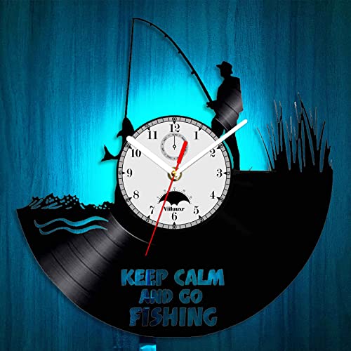 Angelrekord Uhr 3D LED Licht Wanduhr Wanduhr Kunst Fernbedienung 7-farbig leuchtende Indoor Boot Haushalt Fischer Nachtlicht LED Uhr nostalgisches Schallplatte Herrengeschenk. (FS A1 With LED) von Viiluuxr
