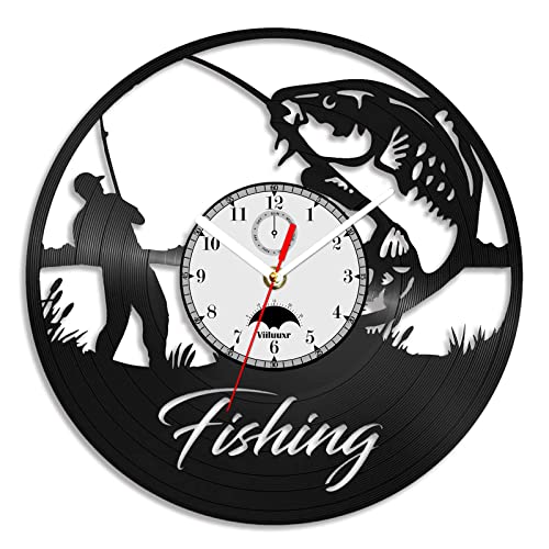 Viiluuxr Angelfans Uhr Schallplatte Startseite Fischer Yacht Dekor Display 12 ''Nicht tickend Stiller Quarz Nostalgische Uhr Angeln Themenorientierte Enthusias Geschenke. (FS A3 No LED) von Viiluuxr