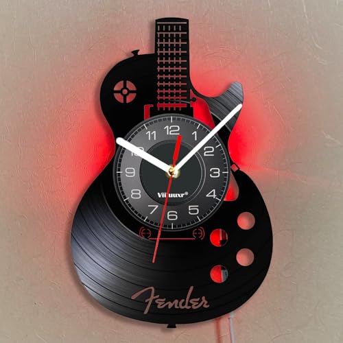 Viiluuxr LED Leuchtend Vinyl Schallplatten Uhr Batteriebetrieben 30 cm Funkuhren Led-Streifen Musikinstrumente Gitarre Gaming Deko Zimmer Nachtlicht Lautlos Musikzimmer Leuchtendes Ambiente Wanduhr. von Viiluuxr