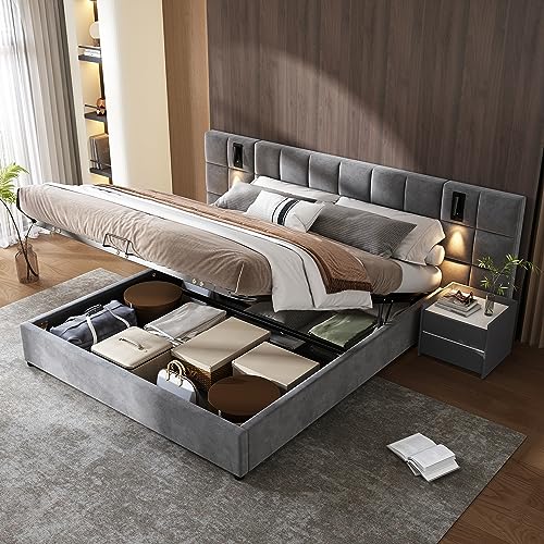 Viitech 140 x 200cm Polsterbett Bett mit Breitem Kopfteil, USB Nachttischbeleuchtung Betten mit Stauraum und Lattenrost, Hydraulisch Bettgestell Jugendbett Stauraumbett (Ohne Matratze) von Viitech