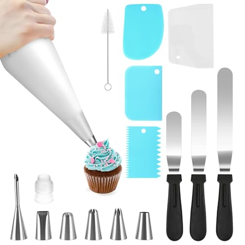 Viitech 16 Stück Spritzbeutel und Zuckergussspatel, Wiederverwendbar Spritztüllen Set, Spritzbeutel Silikon Adapter Kuchenschaber für Cupcakes Torten Dekorieren Kuchen von Viitech