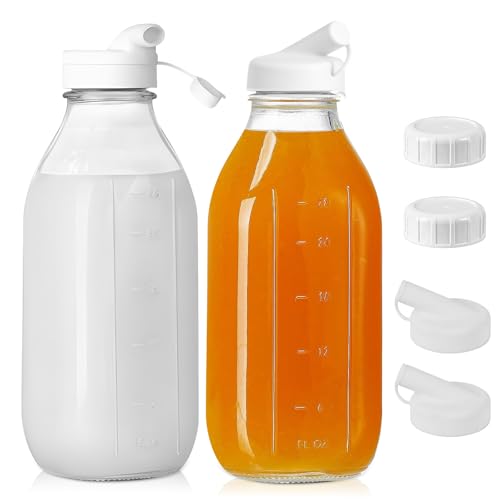 Viitech 2 Set Glasflaschen zum Befüllen, 1 Liter Milchflaschen mit Schraubverschluss Saftflaschen und Silikondüse, Smoothie Flasche Milchflaschen Kombucha Glas mit Kapazitätsskala für Saft Milchshakes von Viitech