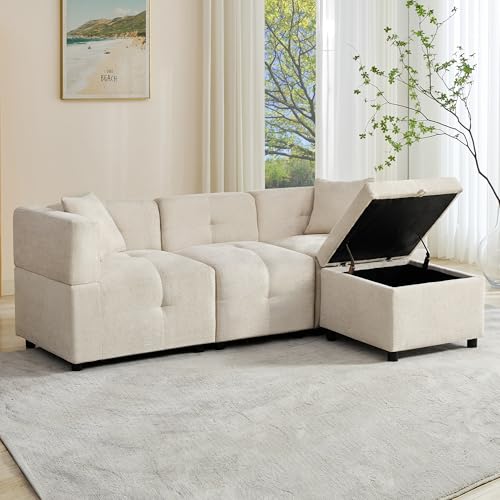 Viitech 200CM Ecksofa, 3 Sitze Sofa Ecksofa mit Schlaffunktion mit Chaise Lagerung, Modul-Sofa Modul-Couch aus 3 Sessel, 1 Hocker und 2 Kissen für Wohnzimmer Schlafzimmer (Beige) von Viitech