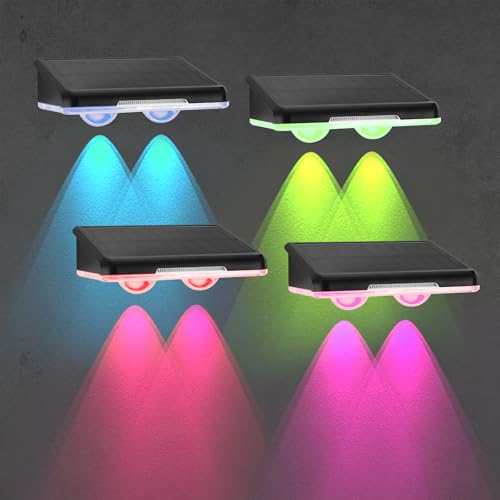 Viitech 4 Stück LED Solarleuchten für Aussen, 2 LINSEN-LEDS Solar Wandleuchte Aussen mit RGB Beleuchtung, IP65 Wasserdicht Gartenleuchten Solar für Terrasse Garten Stufen Treppen Zäune von Viitech