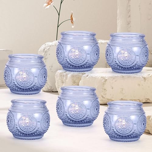Viitech 6er Set Glas Teelicht Kerzenhalter, Retro Transparent Teelichthalter Glas, 6.5 x 5.5cm Teelichter Glass, Kerzengläser Teelichtgläser für Tisch Tafel Tafelaufsatz Hochzeit Decoration (Blau) von Viitech