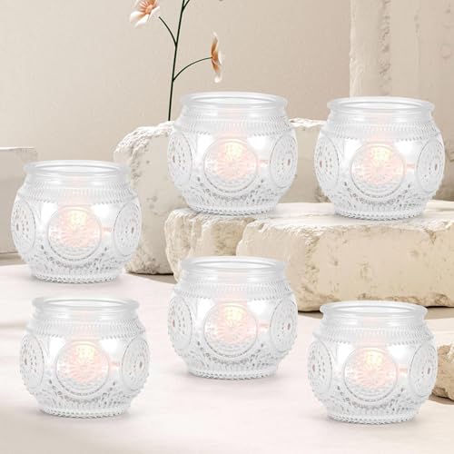 Viitech 6er Set Glas Teelicht Kerzenhalter, Retro Transparent Teelichthalter Glas, 6.5 x 5.5cm Teelichter Glass, Kerzengläser Teelichtgläser für Tisch Tafel Tafelaufsatz Hochzeit Decoration (Weiß) von Viitech
