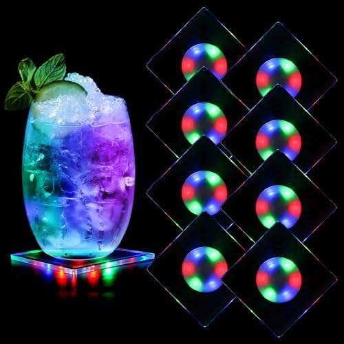 Viitech 8er Quadratisch Bunt LED Untersetzer für Getränke, 10cm 3 Beleuchtungsmodi Leuchtende Untersetzer, Acryl Untersetzer Leuchtende für Gläser Flaschen Partys Hochzeiten Bar Weihnachten von Viitech