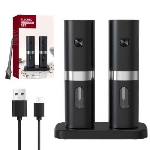 Viitech Elektrische Salz und Pfeffermühle Set mit Halter, 2-in-1 Einstellbare Grobheit Salz und Pfeffermühle Elektrisch mit LED-Licht, USB-betriebene Elektrische Pfeffermühle für BBQ Resturant Küche von Viitech