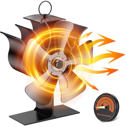 Viitech Kaminventilator, Metall Ohne Strom Mit Thermometer, Stumm Kamin Ventilator für Holzofen Pelletofen Kamin Ventilator (5 Lüfterflügel (1 Stück)) von Viitech