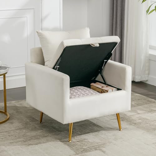 Viitech Loungesessel mit Stauraum, moderner Sessel Sofa mit 3 Dekokissen, Loungesessel mit goldenen Metallbeinen für Wohnzimmer Schlafzimmer Balkon (Weiß) von Viitech