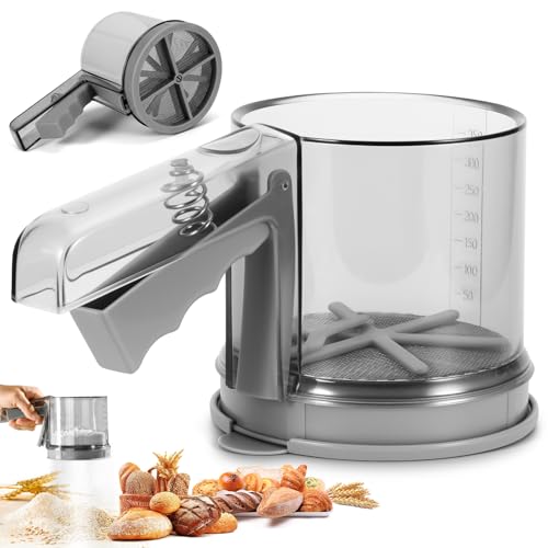 Viitech ‌Mehlsieb Einhand 3-Tassen, Mehlsieb Edelstahl Feines Mehlsieb Doppelschicht mit Kapazitätsskala, Puderzuckerstreuer für Mehl Mandelpulver und Puderzucker‌ von Viitech