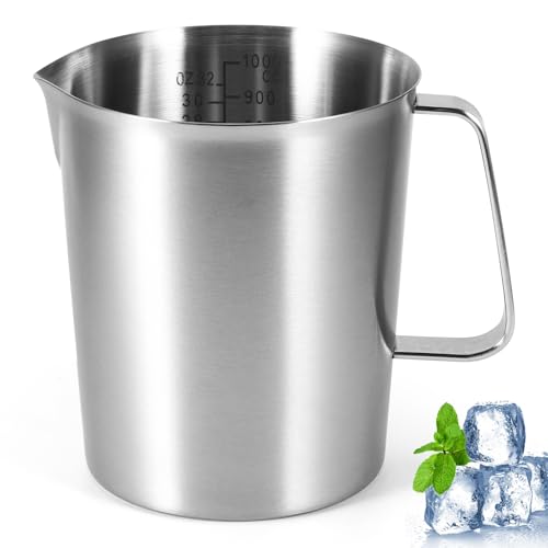 Viitech Messbecher Edelstahl 1L, Lebensmittelqualität 304 Milchkännchen Edelstahl mit ML OZ Markierung und Griff, Großes Fassungsvermögen Milchkanne Edelstahls für Cappuccino Latte und Espresso von Viitech