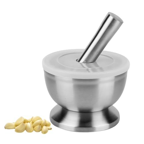 Viitech Mörser mit Stößel und Deckel, 250ml Lebensmittel Edelstahl Pestle and Mortar, 10cm (3.9") Durchmesser Gebürsteter Edelstahl Gewürzmühle Pille Crusher von Viitech