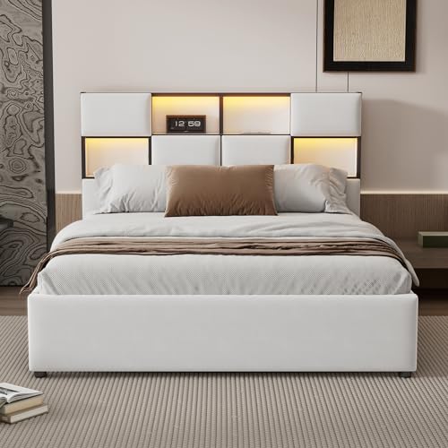 Viitech Polsterbett Bett 140 x 200cm, Polsterbett Doppelbett mit Stauraum Ablagefächer & USB-Buchse, Boxspringbett Bettgestell mit Lattenrost (Ohne Matratze) von Viitech
