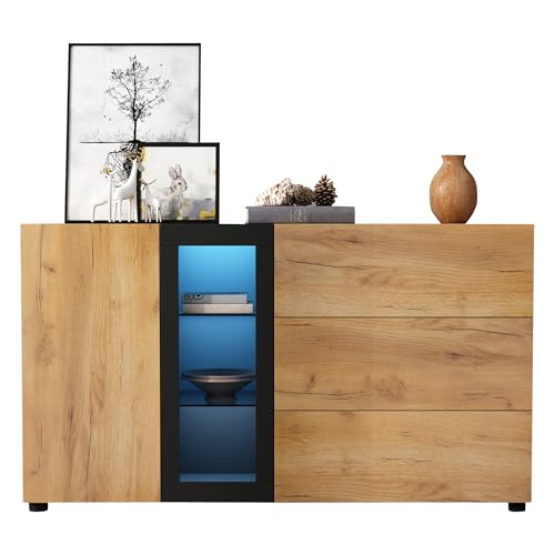 Viitech Sideboard Wohnzimmer 140cm, Moderne Kommode mit RGB LED Beleuchtung, 3 Schubladen & Glasböden Schickes Sideboard in Schwarz-Braun für Wohnzimmer/Esszimmer (140x40x80cm) von Viitech
