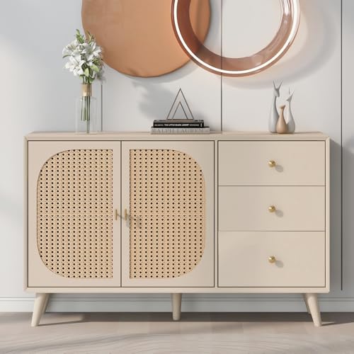 Viitech Sideboard mit 2 Rattan-Türen und 3 Schubladen, 120 x 40 x 82.5cm Spanplatte Rattan Kommode, Rattans Sideboard Kommode Holz Mehrzweckschrank für Flur Schlafzimmer Wohnzimmer Esszimmer von Viitech
