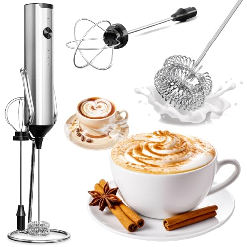 Viitech Wiederaufladbarer Hand-Milchaufschäumer mit 2 Schneebesen, 3 Geschwindigkeiten, Edelstahl, elektrischer Kaffee-Schneebesen, Mini-Milchaufschäumer, Handheld, für Latte Cappuccino Eier von Viitech