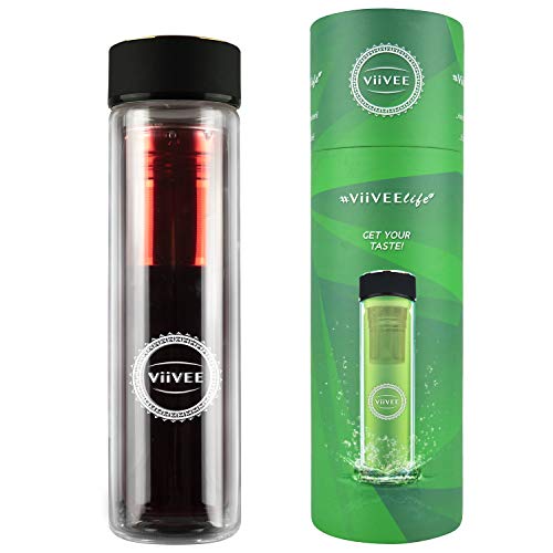 Viivee Life ® Teeflasche mit Sieb To Go (500ml) Thermoflasche für heiße & kalte Getränke Glas Trinkflasche 100% BPA Free Teekanne Doppelwandig für Tee | Detox | Smoothie | Infused Fruit Water von Viivee Life