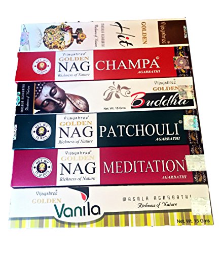 Vijayshree Golden Nag Champa Räucherstäbchen - 6 Sets à 90 Stäbchen, je Set 15g Vijayshree Golden Nag Champa Räucherstäbchen - 6 Sets à 90 Stäbchen, je Set 15g von Vijayshree