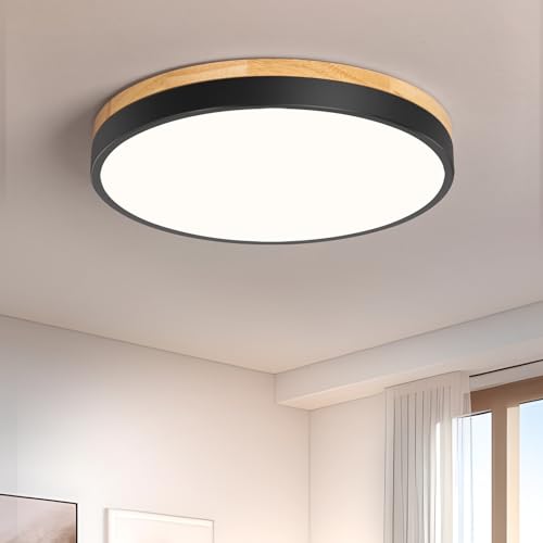Vikaey Moderne LED Holz Deckenlampe, 24W Runde Deckenleuchten 4000K Schwarz Schlafzimmer Deckenleuchte Lampe für Küche, Flur, Balkon, Büro, Wohnzimmer(Ø30cm) von Vikaey