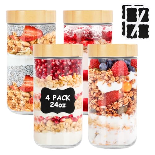 Vikcvcsc 4 Pack 680ML Meal Prep Gläser, Overnight Oats Gläser mit Holzdeckel, 24oz Einmachgläser mit Schraubdeckel Mealprep Glas Behälter für Müsli, Marmelade, Salat, Milchshake, Frühstück Mittagessen von Vikcvcsc