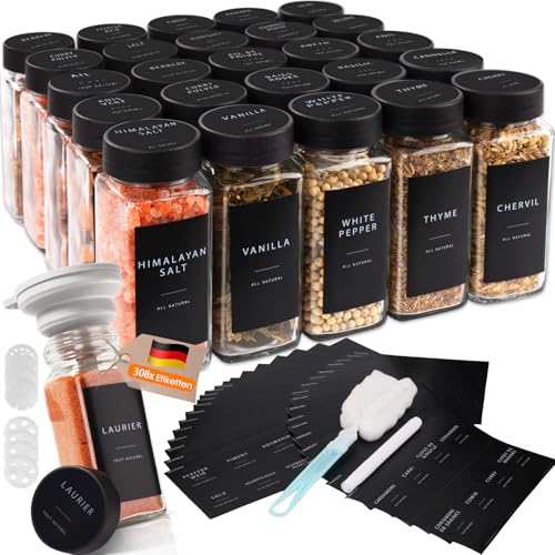 Vikcvcsc Gewürzgläser Eckig Set [25x 120ml] mit Schwarzer Deckel, Gewürzstreuer mit Streueinsatz und 308 Etiketten Schwarz, Gewürzdosen, Hochwertige Gewürzbehälter, Spice Jars, Gewürze organizer von Vikcvcsc