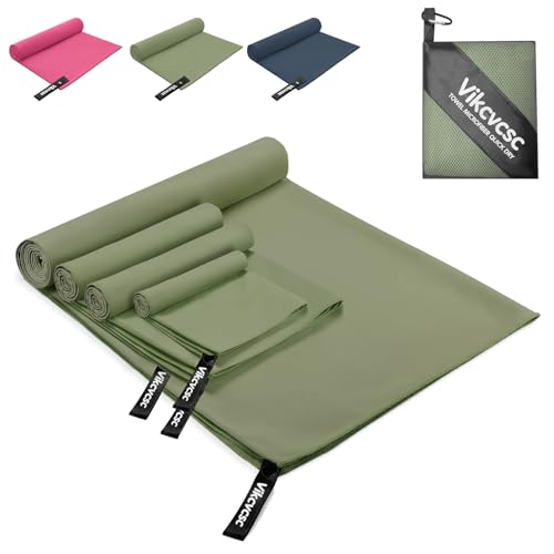 Vikcvcsc Mikrofaser Handtuch 4 Stück(160x80cm Badetuch Groß+2 stück 80x40cm Sporthandtuch+40x30cm Klein Microfaser handtücher),Reisehandtuch Schnelltrocknendes Fitness Handtuch für Sports-Olivgrün von Vikcvcsc