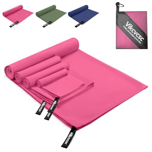 Vikcvcsc Mikrofaser Handtuch 4 Stück Set(160x80cm Badetuch Groß+2 stück 80x40cm Sporthandtuch Mikrofaser+40x30cm Klein Handtücher),Reisehandtuch Schnelltrocknendes Handtuch für Sauna,Yoga,Gym-Rosarot von Vikcvcsc
