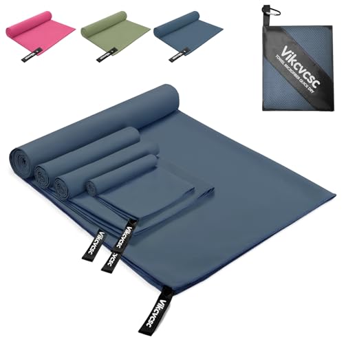 Vikcvcsc Mikrofaser Handtuch Set 4 Stück(160x80cm Groß Badetuch+2 stück 80x40cm Mikrofaser Strandtuch+40x30cm Sporthandtuch),Schnelltrocknendes Handtuch Microfaser Handtücher für Fitness-Marineblau von Vikcvcsc