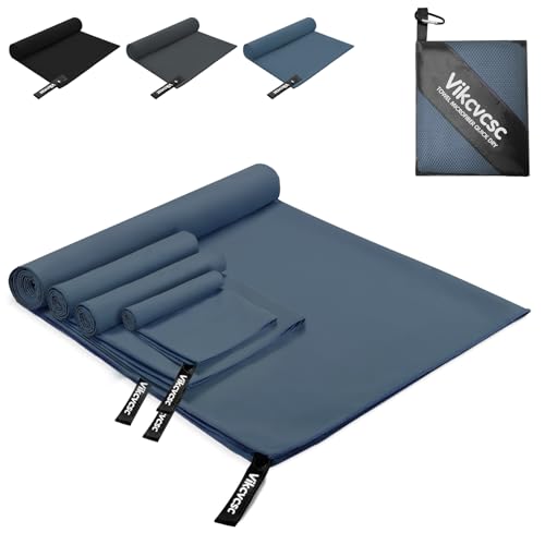 Vikcvcsc Mikrofaser Handtuch Set 4 Stück(180x80cm Groß Badetuch+2 stück 80x40cm Mikrofaser Strandtuch+40x30cm Sporthandtuch),Schnelltrocknendes Handtuch Microfaser Handtücher für Fitness-Marineblau von Vikcvcsc