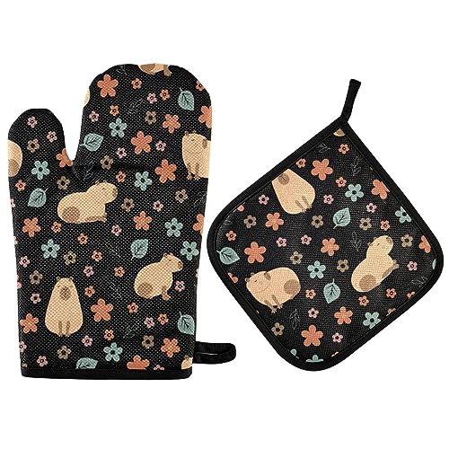 Vikeiac Capybara Ofenhandschuhe und Topflappen mit Blumen Set Küchenhandschuhhalter Hitzebeständige Küchenhandschuhe für BBQ Backen Grillen von Vikeiac