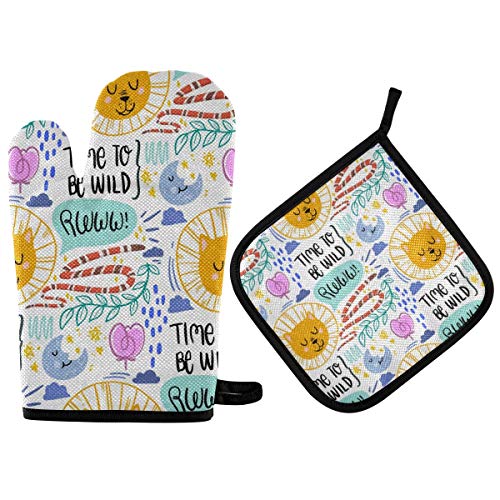 Vikeiac Ofenhandschuh-Set, bunte Löwen, Topfhandschuh-Set, rutschfeste Kochhandschuhe, hitzebeständig, Topflappen zum Backen, Grillen von Vikeiac