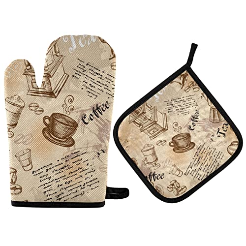 Vikeiac Ofenhandschuh und Topflappen-Set, Retro-Kaffeemuster, hitzebeständige Grillhandschuhe für Küche, Kochen, Grillen von Vikeiac