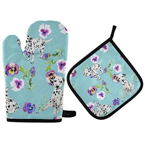 Vikeiac Ofenhandschuh und Topflappen-Set mit Dalmatiner-Hund und Blumen, hitzebeständige Grillhandschuhe für Küche, Kochen, Grillen von Vikeiac