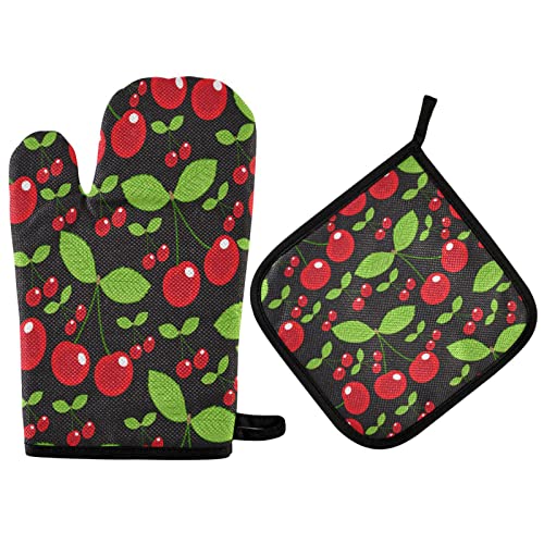 Vikeiac Ofenhandschuhe, Topflappen-Set, 2 Stück, Kirsche, hitzebeständige Ofenhandschuhe und Topflappen mit Baumwollfutter, maschinenwaschbar zum Grillen, Backen, Kochen und Grillen von Vikeiac