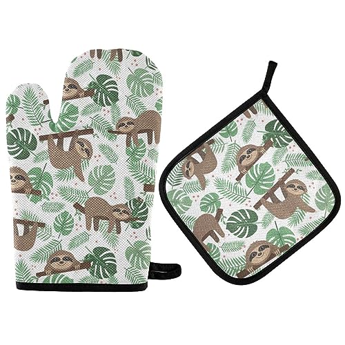 Vikeiac Ofenhandschuhe und Topflappen, Faultier-Set, tropische Blätter, hitzebeständig, Küchenhandschuhe für Grillen, Backen, Grillen von Vikeiac
