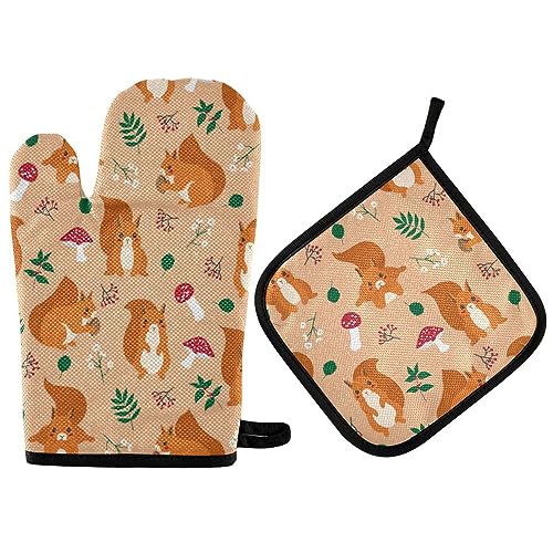 Vikeiac Ofenhandschuhe und Topflappen, Motiv: Eichhörnchen, Pilz, Ofenhandschuhe und Topflappen, hitzebeständig, Küchenhandschuhe zum Grillen, Backen, Grillen von Vikeiac