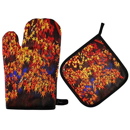 Vikeiac Rote Ahornblätter Ofenhandschuhe Topflappen Set Herbst rutschfeste Kochen Küchenhandschuhe waschbar hitzebeständig Ofenhandschuhe für Mikrowelle BBQ Backen Grillen von Vikeiac