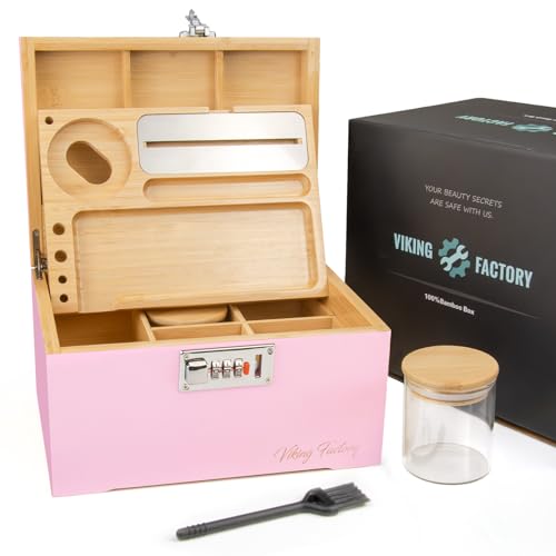 Viking Factory Großer Bambus-Aufbewahrungskasten mit Kombinationsschloss – Dekorativer Heimkasten mit Tablett und Glasbehälter für Zubehör (24 x 18 x 14 cm) (Rosa) von Viking Factory