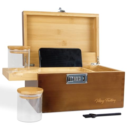 Viking Factory Bambus Aufbewahrungsbox mit Zahlenschloss Premium Holz Organizer Set Inkl. Abnehmbares Tablett & Glasbehälter Sichere Ordnungsbox für Zuhause Geschenk Set, 27x18x15cm,Braun von Viking Factory