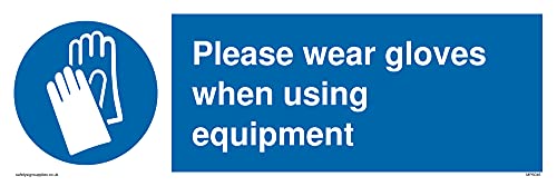 Bitte tragen Sie Handschuhe bei der Verwendung von Ausrüstungsgegenständen, Schutzhandschuh-Symbol – 300 x 100 mm – L. von Viking Signs
