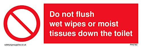 „Do not flush wet wipes or moist tissue down the toilet with prohibition“ Schild – 150 x 50 mm von Viking Signs