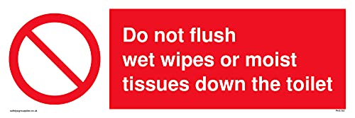 „Do not flush wet wipes or moist tissues down the toilet with prohibition“ Schild – 300 x 100 mm von Viking Signs
