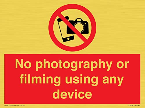 Schild "No photography or filming using any device" – 200 x 150 mm – A5L von Viking Signs
