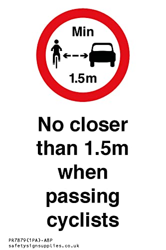 Schild "No closer than 1,5 m when passing cyclists", 50 x 75 mm, A8P von Viking Signs